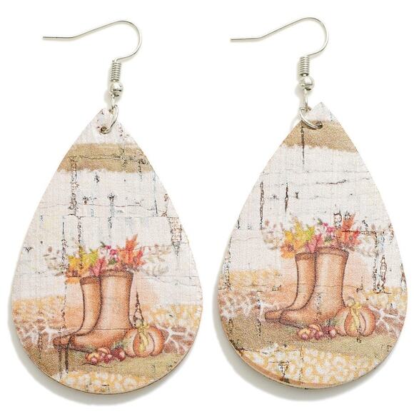 Fall Themed Cork Drop Earrings Leaves in Boots - Picture 1 of 2